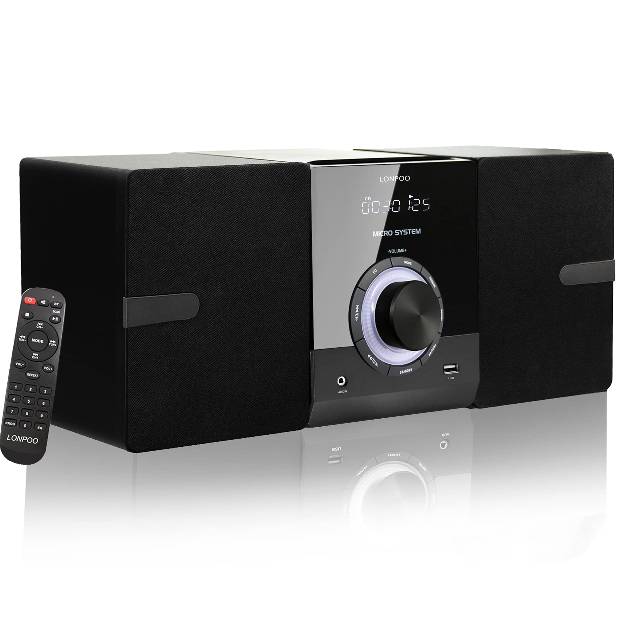 Compact Stereo System for Home 30W CD Player with Speakers Bluetooth FM Radio Aux-in USB Playback Earphone Port DSP-Tech Remote Included (New Version)